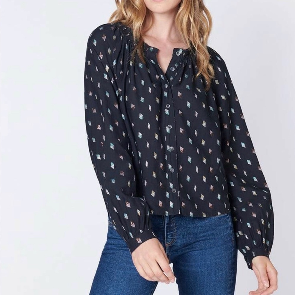 Veronica Beard women’s Madge Metallic print button front crew neck blouse top 4‎